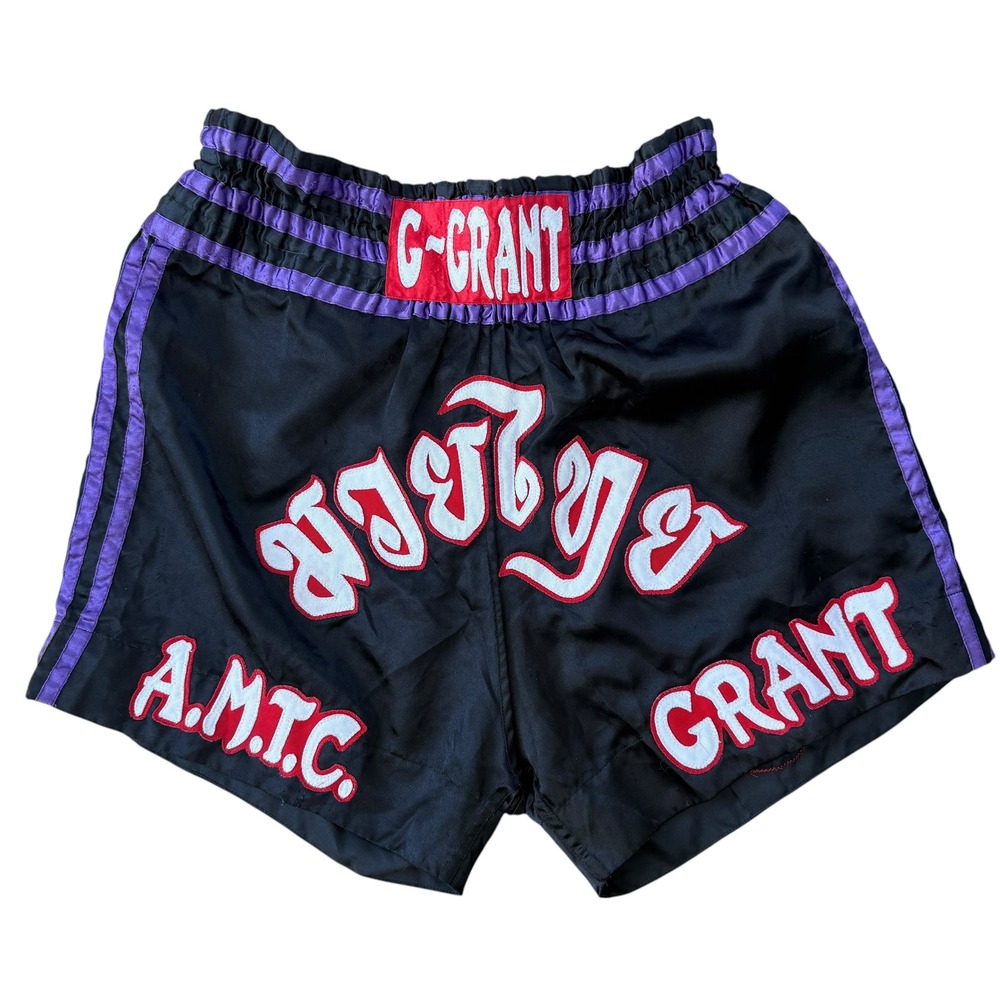 Grant Muay Thai Boxing Shorts Vintage Satin Embroidered XXXL Black Purple